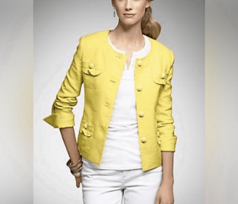 TALBOTS Lemon Yellow Linen Blazer Womens 10 Petite Ruffle Pockets Button Preppy